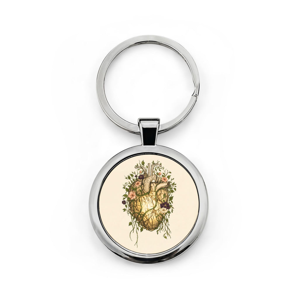 Botanical Heart Round Stainless Steel Keychain