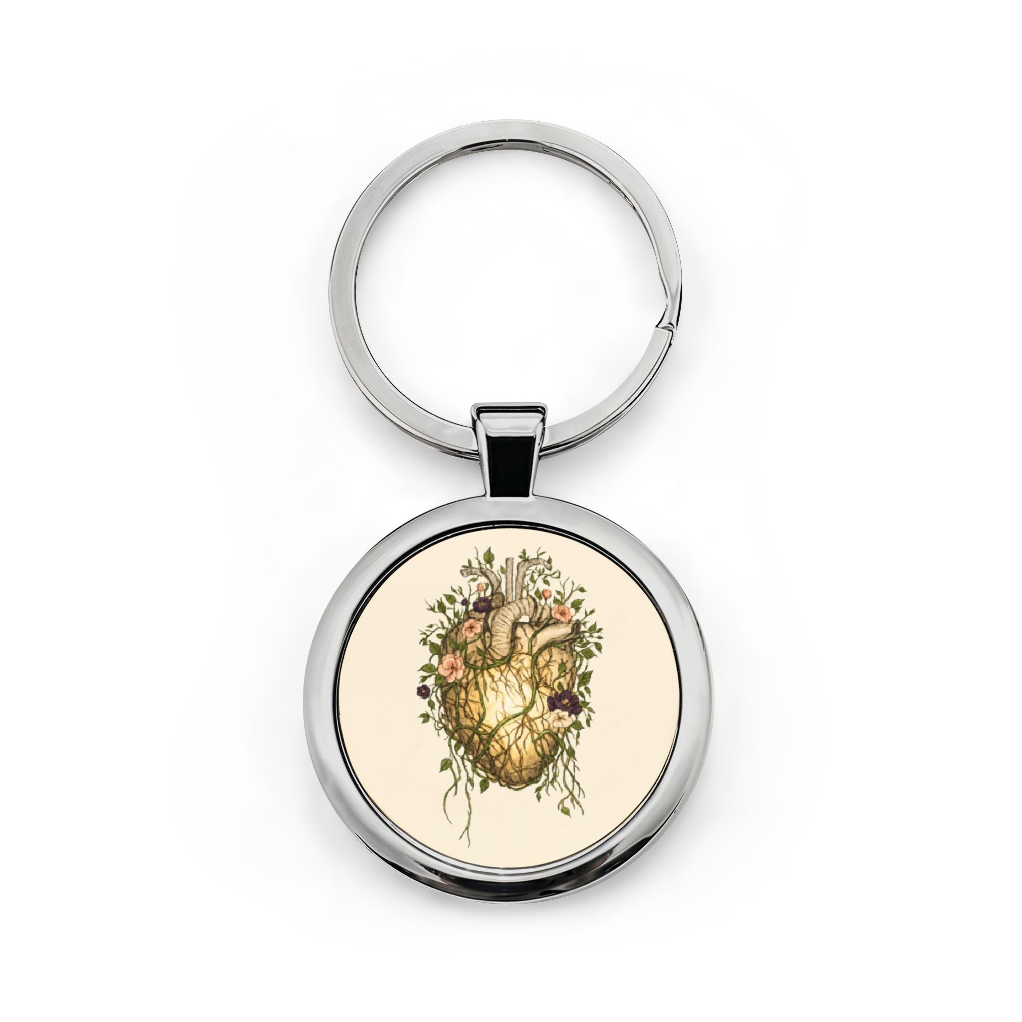 Botanical Heart Round Stainless Steel Keychain